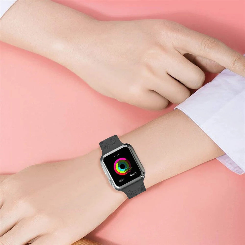 For Apple Watch Ultra 3 2 1 49mm / Series 11 10 46mm / 9 8 7 45mm / SE3 SE2 SE 6 5 4 44mm / 3 2 1 42mm Pattern Imprinted Silicone Strap - Black - 6