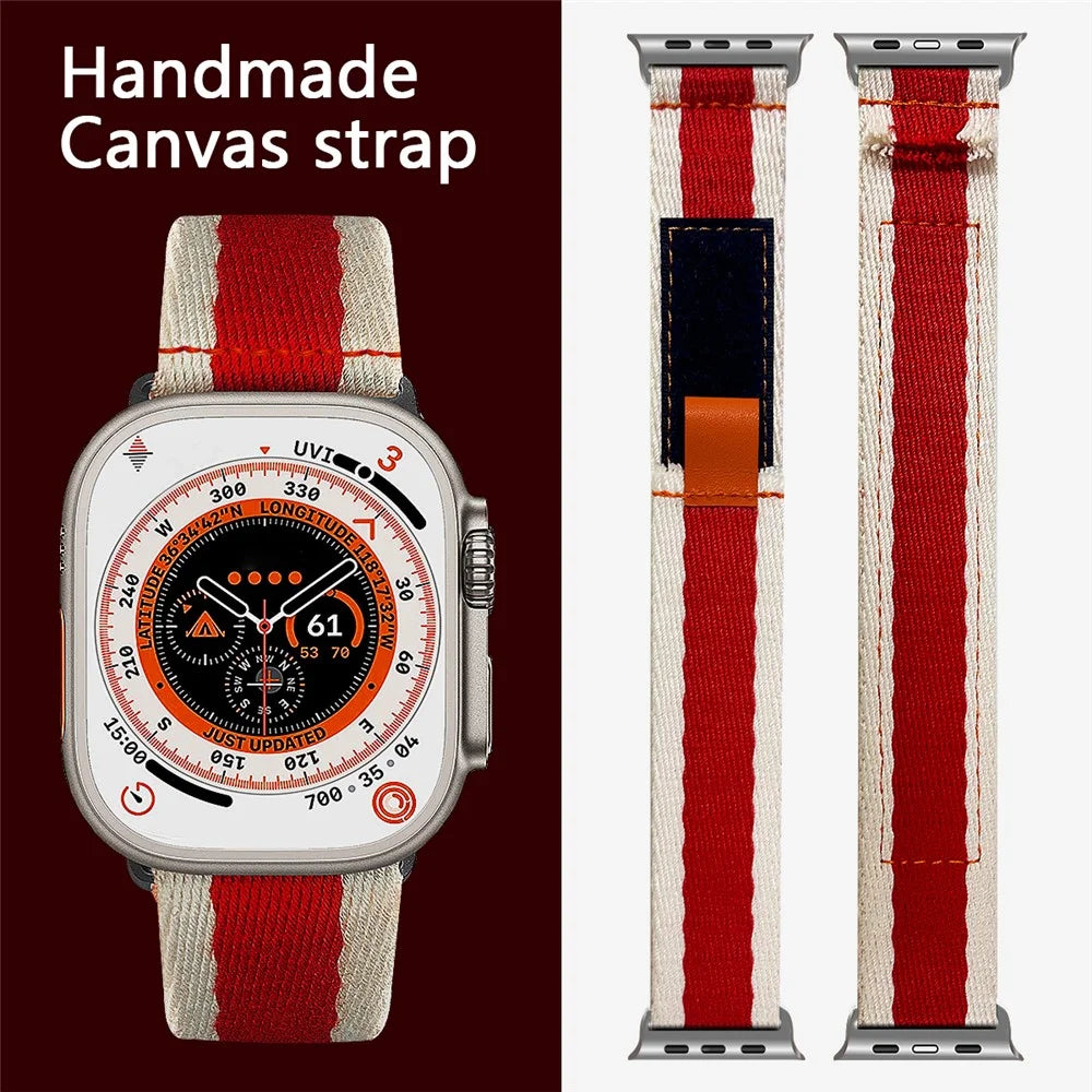 For Apple Watch Ultra 3 2 1 49mm / Series 11 10 46mm / 9 8 7 45mm / SE3 SE2 SE 6 5 4 44mm / 3 2 1 42mm Contrast Color Canvas Watch Strap - Red - 2