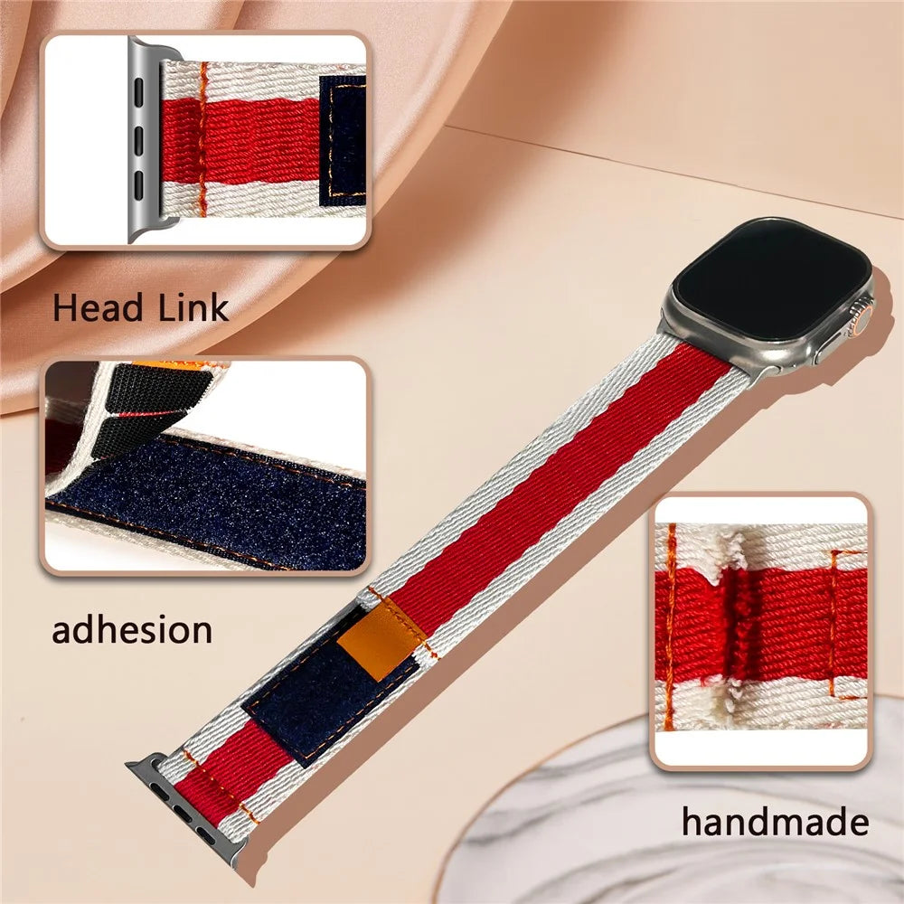 For Apple Watch Ultra 3 2 1 49mm / Series 11 10 46mm / 9 8 7 45mm / SE3 SE2 SE 6 5 4 44mm / 3 2 1 42mm Contrast Color Canvas Watch Strap - Red - 4