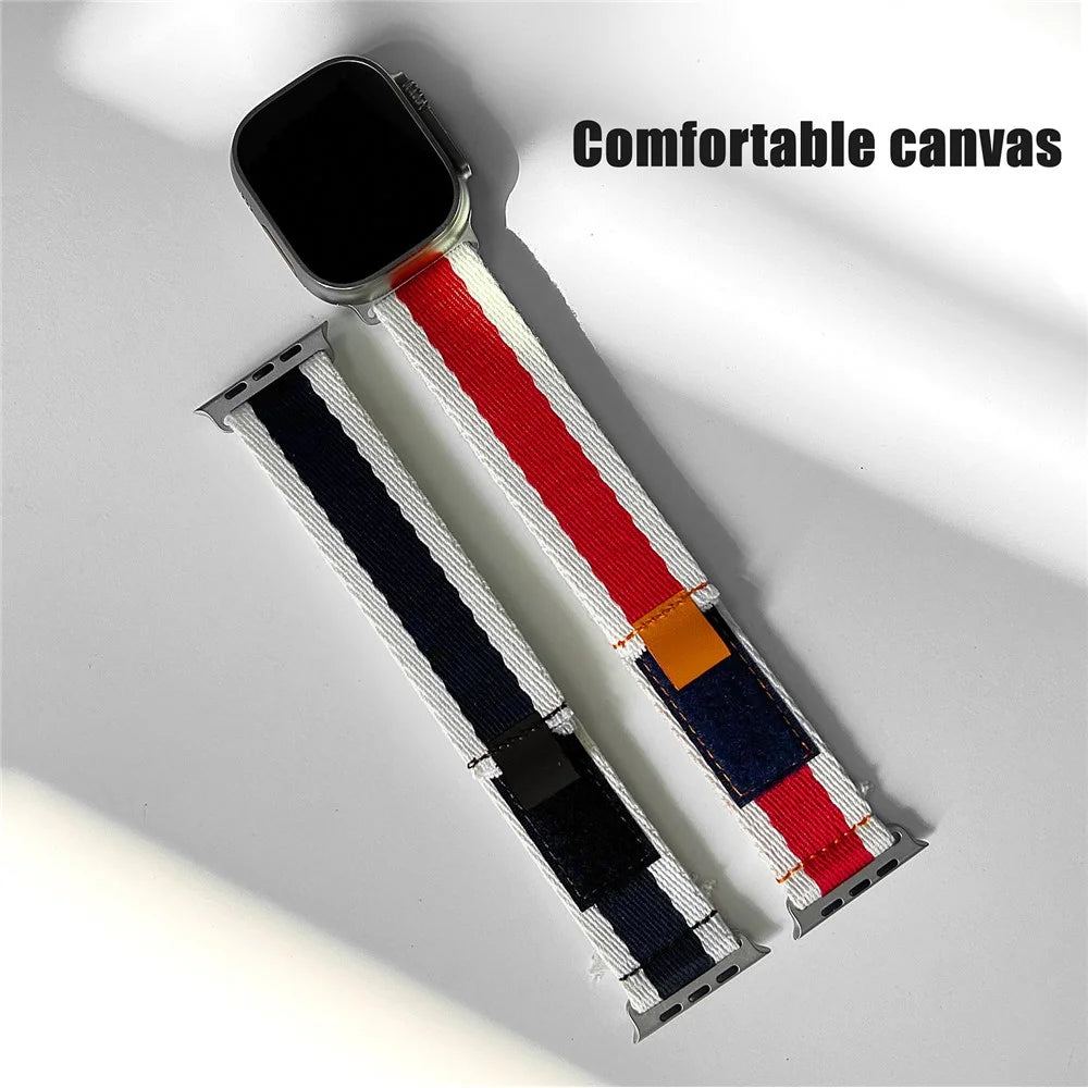 For Apple Watch Ultra 3 2 1 49mm / Series 11 10 46mm / 9 8 7 45mm / SE3 SE2 SE 6 5 4 44mm / 3 2 1 42mm Contrast Color Canvas Watch Strap - Red - 5