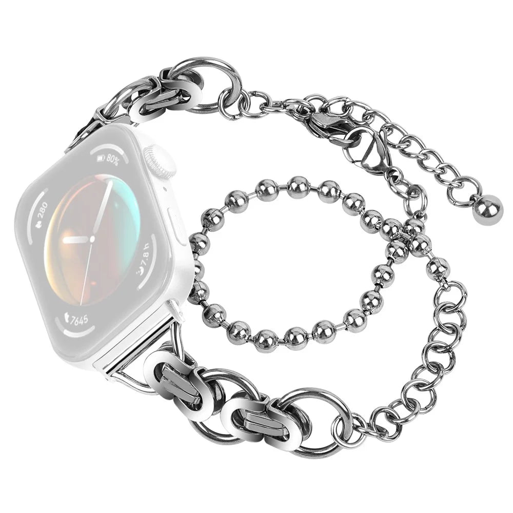 For Huawei Watch Fit 3 Dual Circle Stylish Smart Watch Strap Beaded Chain Alloy Bracelet - Silver - 1