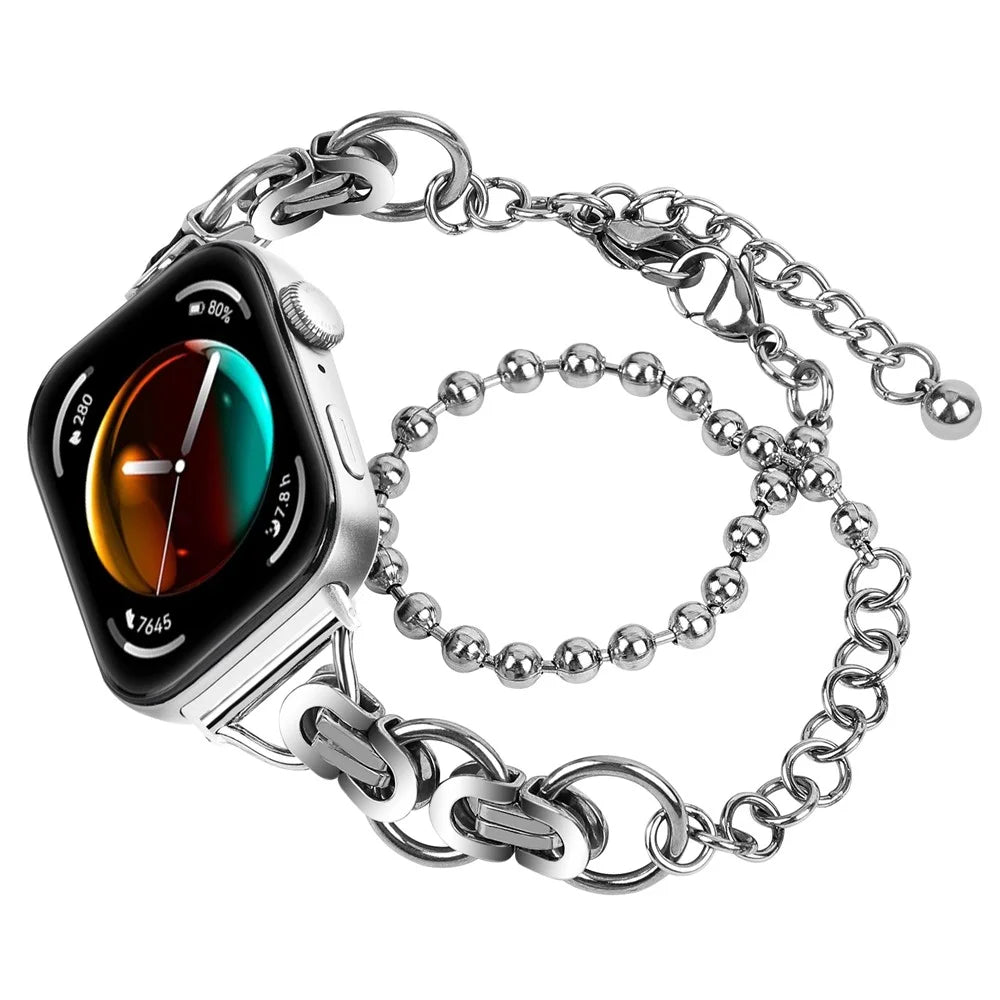 For Huawei Watch Fit 3 Dual Circle Stylish Smart Watch Strap Beaded Chain Alloy Bracelet - Silver - 2