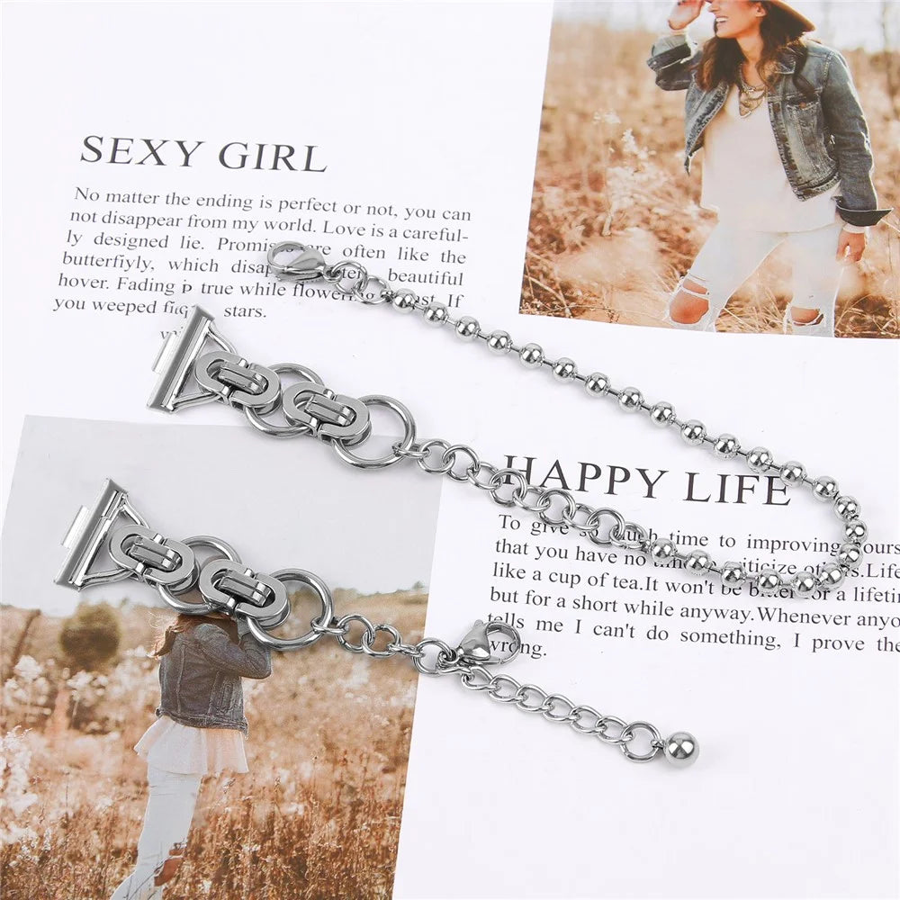 For Huawei Watch Fit 3 Dual Circle Stylish Smart Watch Strap Beaded Chain Alloy Bracelet - Silver - 3