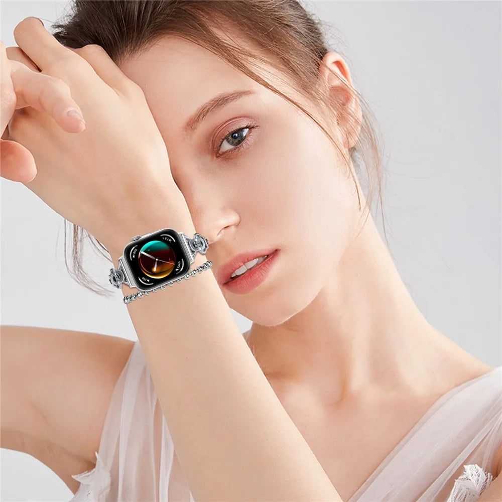 For Huawei Watch Fit 3 Dual Circle Stylish Smart Watch Strap Beaded Chain Alloy Bracelet - Silver - 4