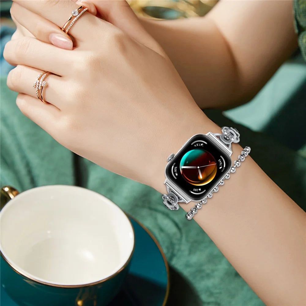 For Huawei Watch Fit 3 Dual Circle Stylish Smart Watch Strap Beaded Chain Alloy Bracelet - Silver - 5