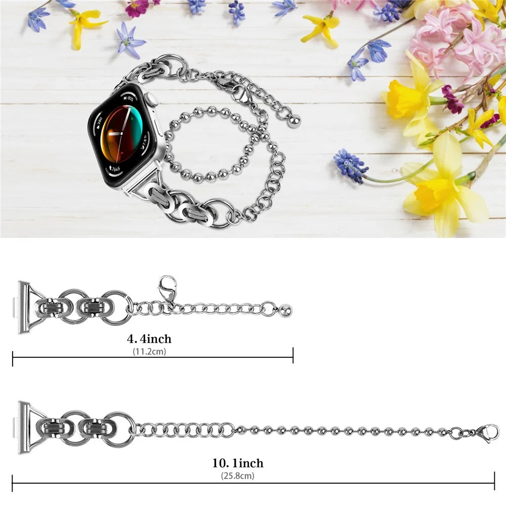 For Huawei Watch Fit 3 Dual Circle Stylish Smart Watch Strap Beaded Chain Alloy Bracelet - Silver - 6