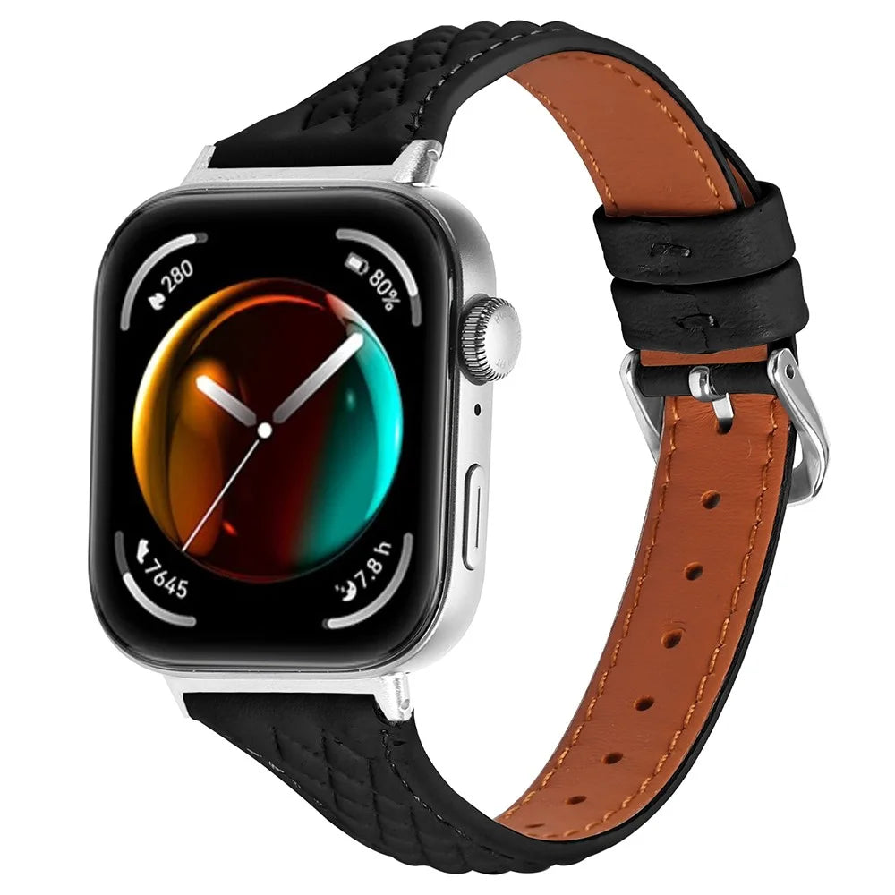 Genuine Cow Leather Band for Huawei Watch Fit 3 Rhombus Imprinted Watch Strap - Black - 2
