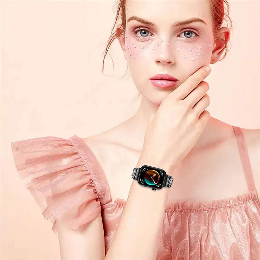 For Huawei Watch Fit 3 Band Smart Watch Metal Wrist Strap with Rhinestone - Black - 4