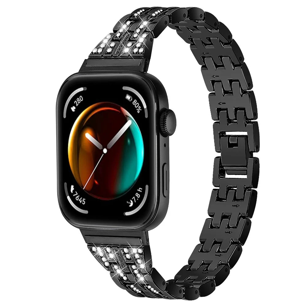 For Huawei Watch Fit 3 Metal Band Rhinestone Decorated Smart Watch Wrist Strap - Black - 2