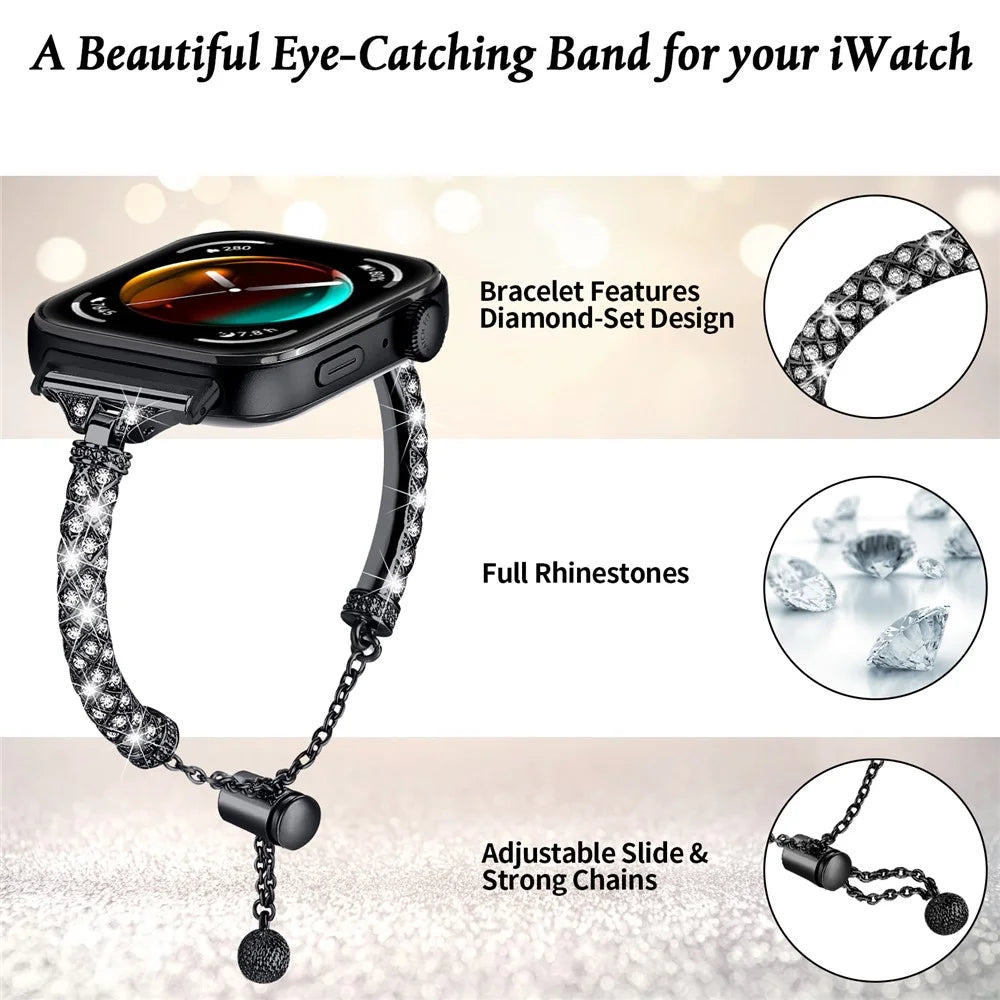 For Huawei Watch Fit 3 Metal Band Rhinestones Decorated Bracelet Strap - Black - 4