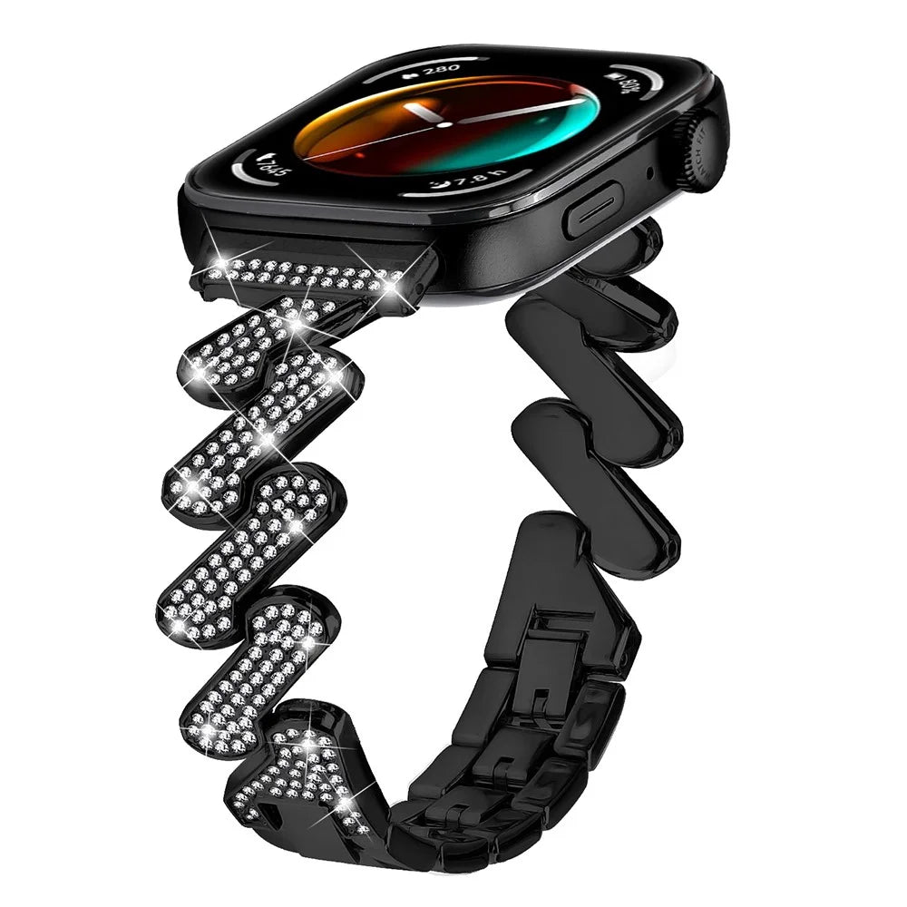 For Huawei Watch Fit 3 Watch Band Rhinestone Decor 7-Shape Metal Wrist Strap - Black - 2