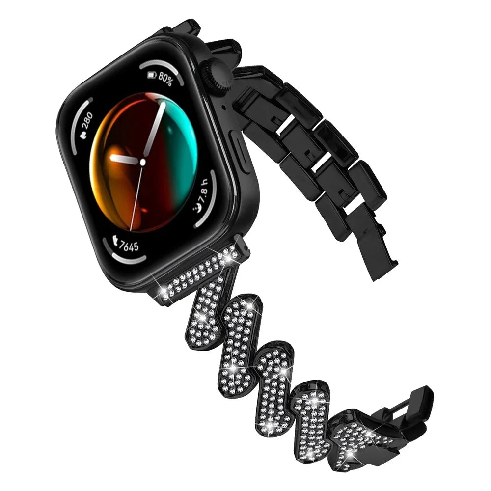 For Huawei Watch Fit 3 Watch Band Rhinestone Decor 7-Shape Metal Wrist Strap - Black - 3
