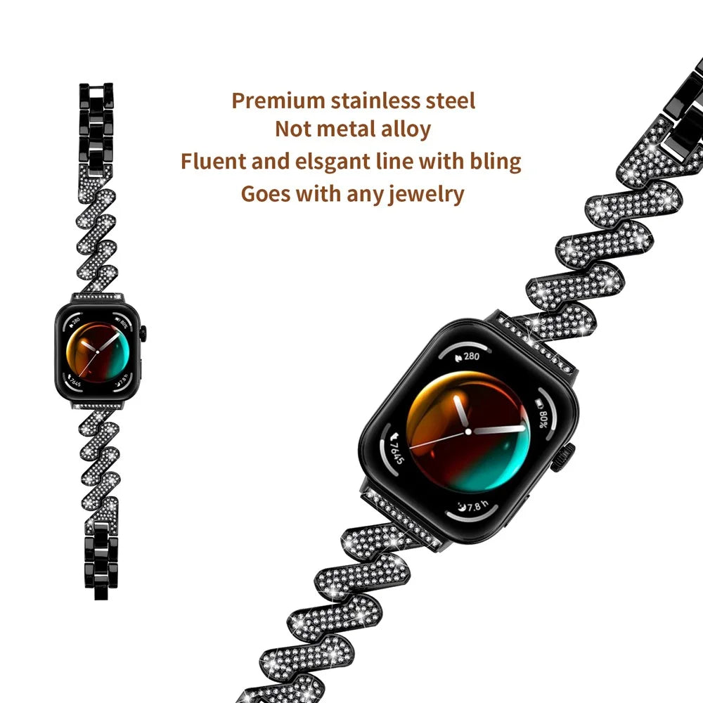 For Huawei Watch Fit 3 Watch Band Rhinestone Decor 7-Shape Metal Wrist Strap - Black - 4