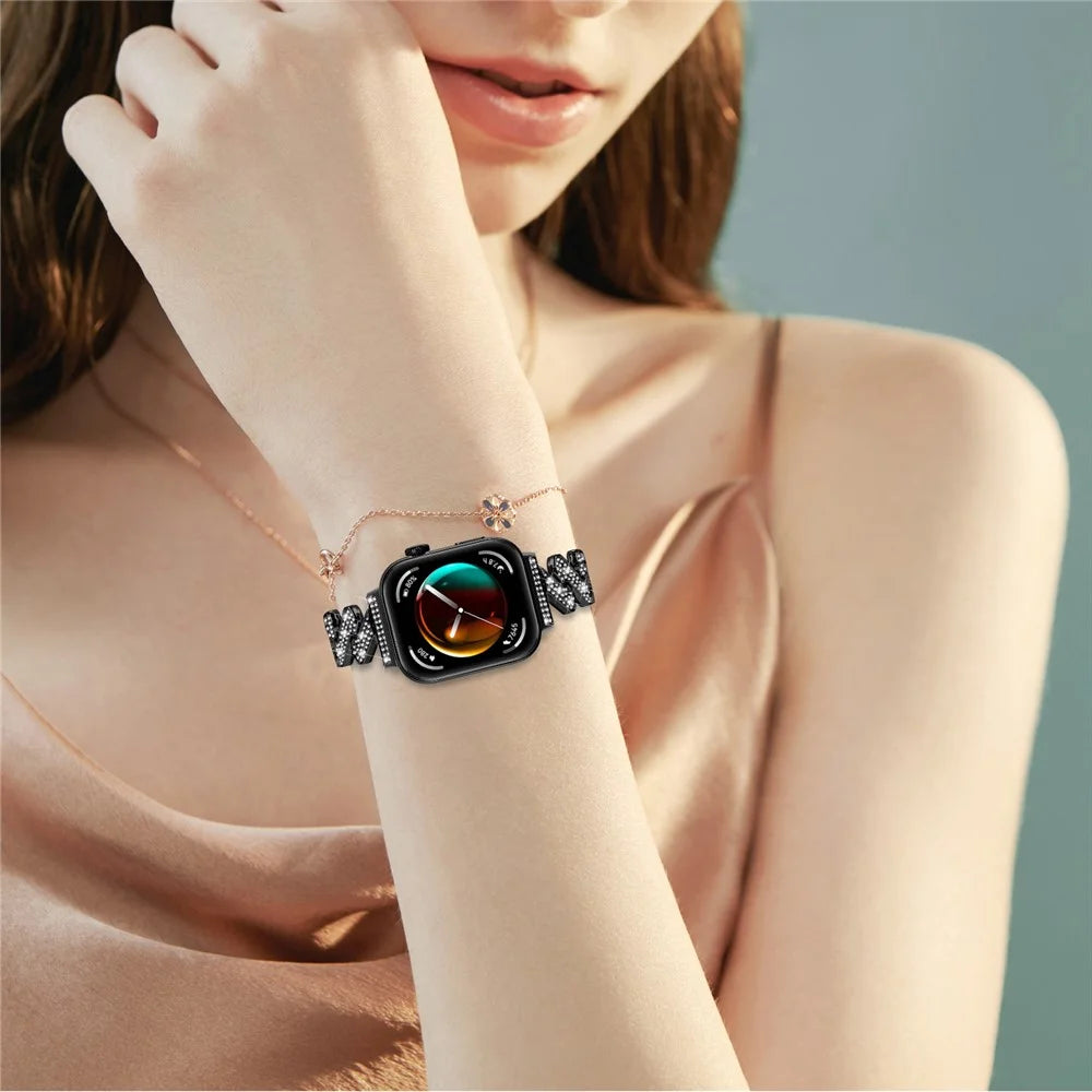 For Huawei Watch Fit 3 Watch Band Rhinestone Decor 7-Shape Metal Wrist Strap - Black - 6