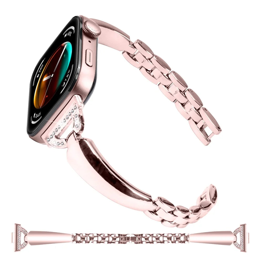 For Huawei Watch Fit 3 Watch Band Metal Wrist Bracelet with Rhinestone D-Shape Connector - Rose Pink - 1