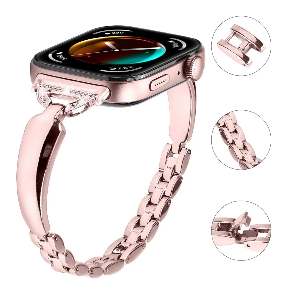 For Huawei Watch Fit 3 Watch Band Metal Wrist Bracelet with Rhinestone D-Shape Connector - Rose Pink - 2