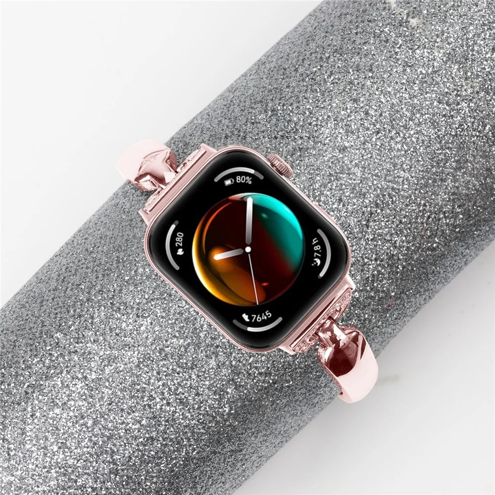 For Huawei Watch Fit 3 Watch Band Metal Wrist Bracelet with Rhinestone D-Shape Connector - Rose Pink - 3