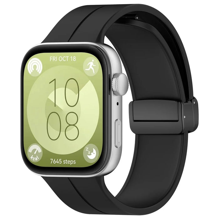 For Huawei Watch Fit 3 Silicone Watch Band Strap with Magnetic Folding Buckle - Black - 4