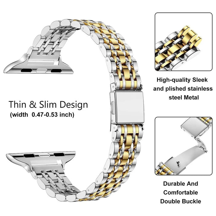For Apple Watch Series 11 10 42mm / 9 8 7 41mm / SE3 SE2 SE 6 5 4 40mm / 3 2 1 38mm Watch Strap Stainless Steel Band - Silver+Gold - 3