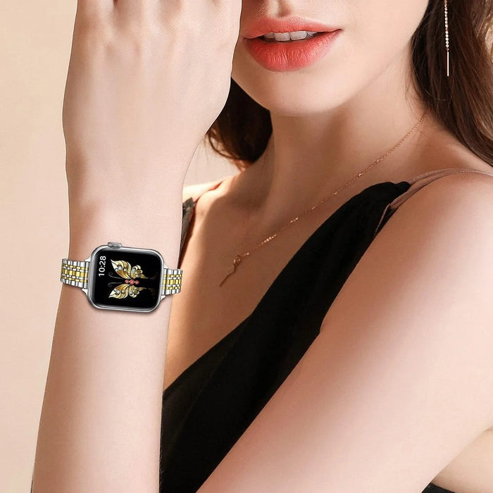For Apple Watch Series 11 10 42mm / 9 8 7 41mm / SE3 SE2 SE 6 5 4 40mm / 3 2 1 38mm Watch Strap Stainless Steel Band - Silver+Gold - 7