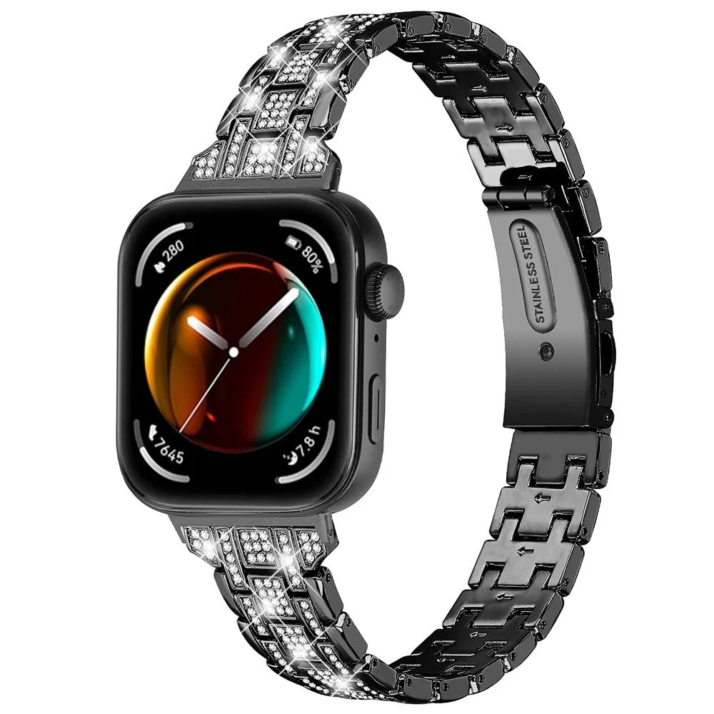 For Huawei Watch Fit 3 Watch Strap Five-Bead Rhinestones Metal Wrist Band Bracelet - Black - 2