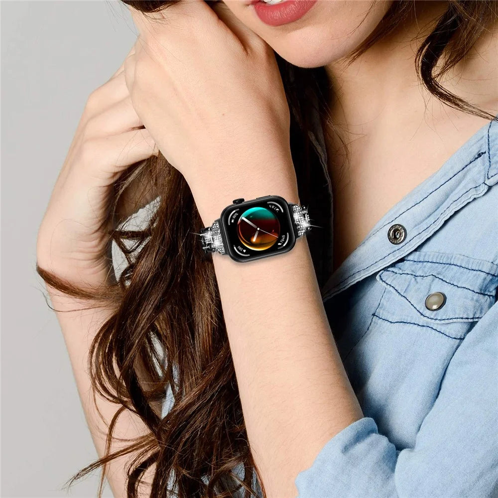 For Huawei Watch Fit 3 Watch Strap Five-Bead Rhinestones Metal Wrist Band Bracelet - Black - 4