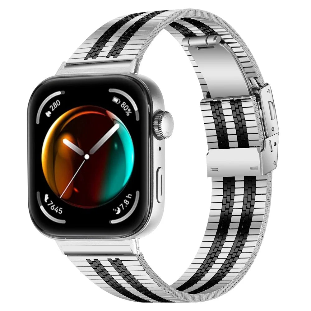For Huawei Watch Fit 3 Watch Band 316L Stainless Steel Five-Bead Wrist Strap - Silver Black - 2