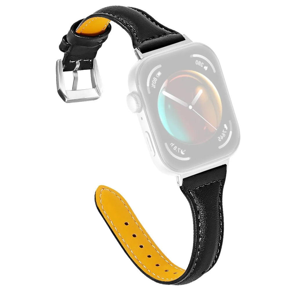 For Huawei Watch Fit 3 Watch Strap Genuine Cow Leather Band Stitching Lines - Black - 1