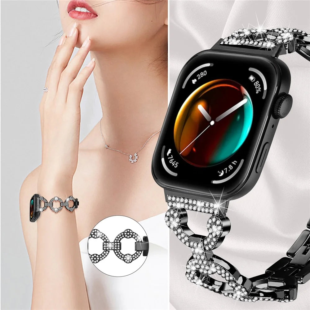 For Huawei Watch Fit 3 Metal Watch Band Shiny Rhinestone Strap Bracelet - Black - 3