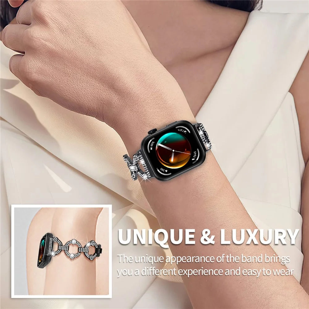 For Huawei Watch Fit 3 Metal Watch Band Shiny Rhinestone Strap Bracelet - Black - 6
