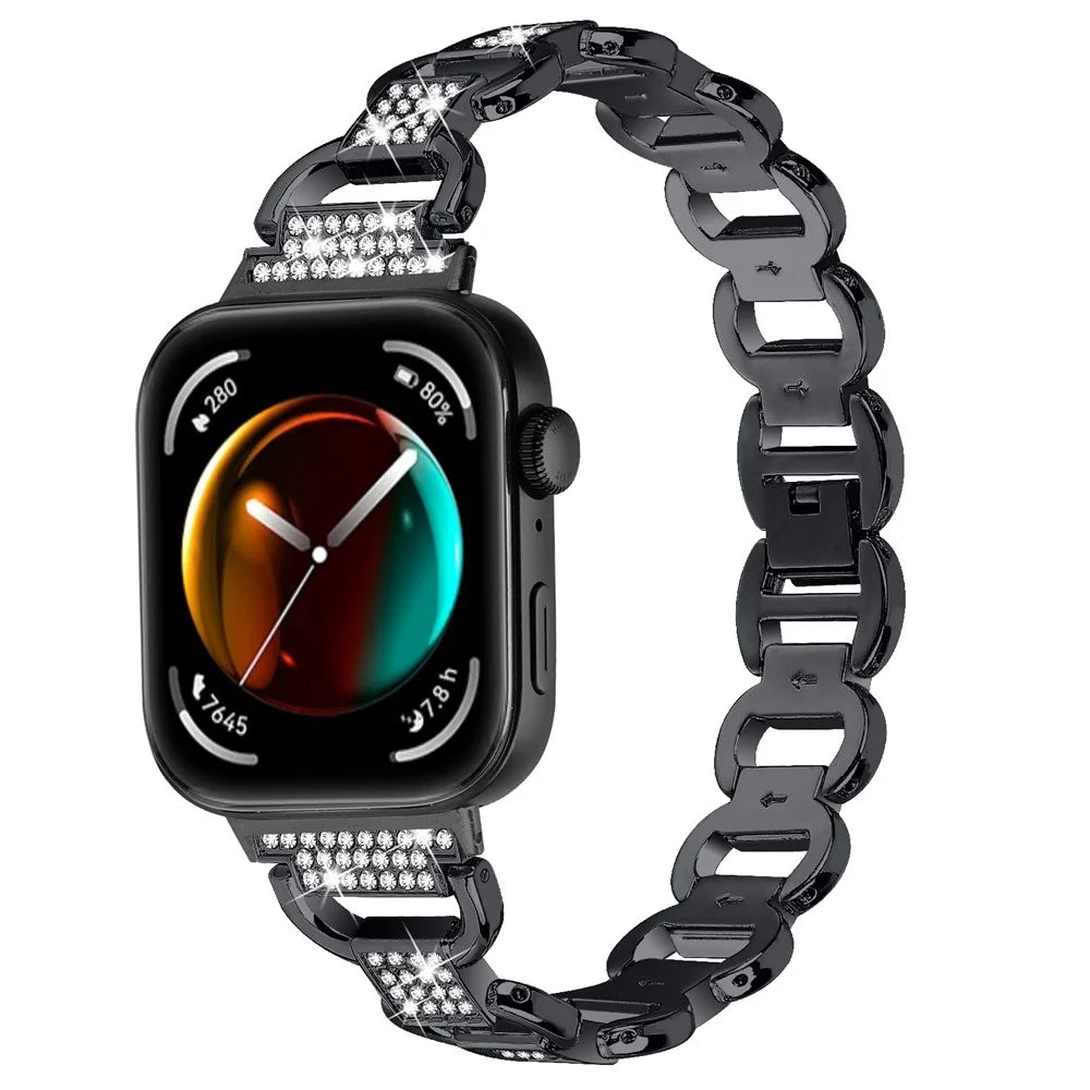 For Huawei Watch Fit 3 Watch Strap Rhinestone Decor Oval-Shape Metal Wrist Band - Black - 2