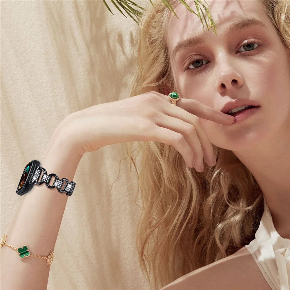 For Huawei Watch Fit 3 Watch Strap Rhinestone Decor Oval-Shape Metal Wrist Band - Black - 5