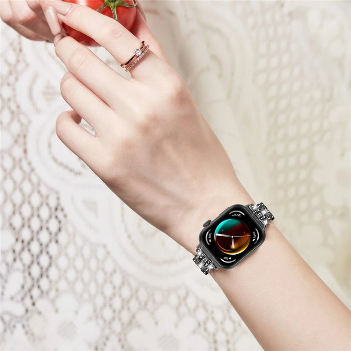 For Huawei Watch Fit 3 Metal Watch Strap Rhinestone Flower Style Band Bracelet - Black - 5
