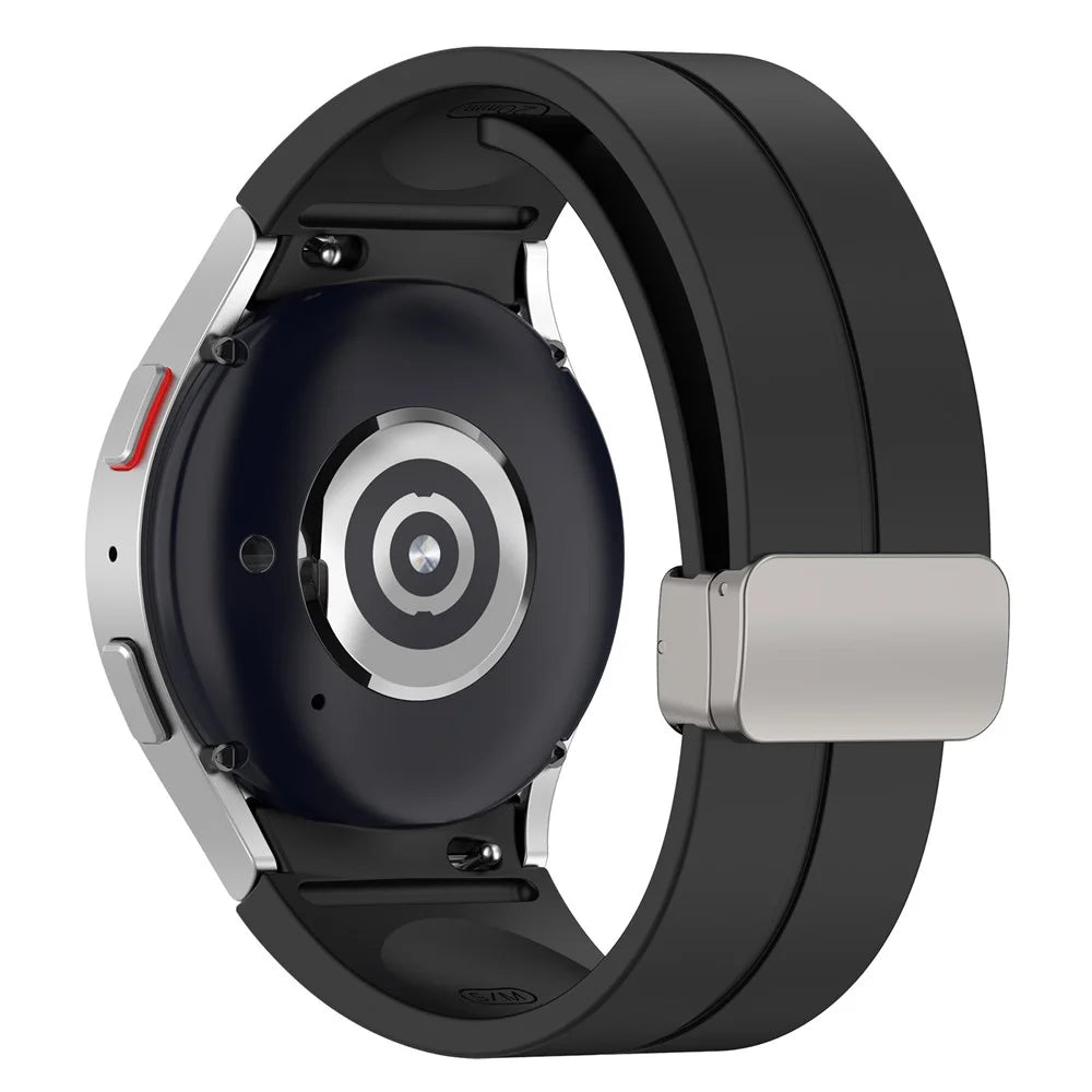 For Samsung Galaxy Watch7 40mm Magnetic Folding Silver Buckle Watch Band Silicone Strap - Black - 1