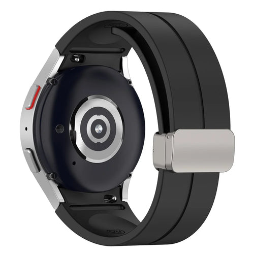 For Samsung Galaxy Watch7 40mm Magnetic Folding Silver Buckle Watch Band Silicone Strap - Black - 1