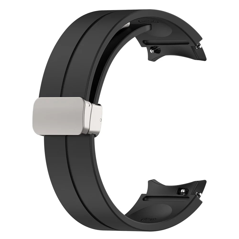 For Samsung Galaxy Watch7 40mm Magnetic Folding Silver Buckle Watch Band Silicone Strap - Black - 2