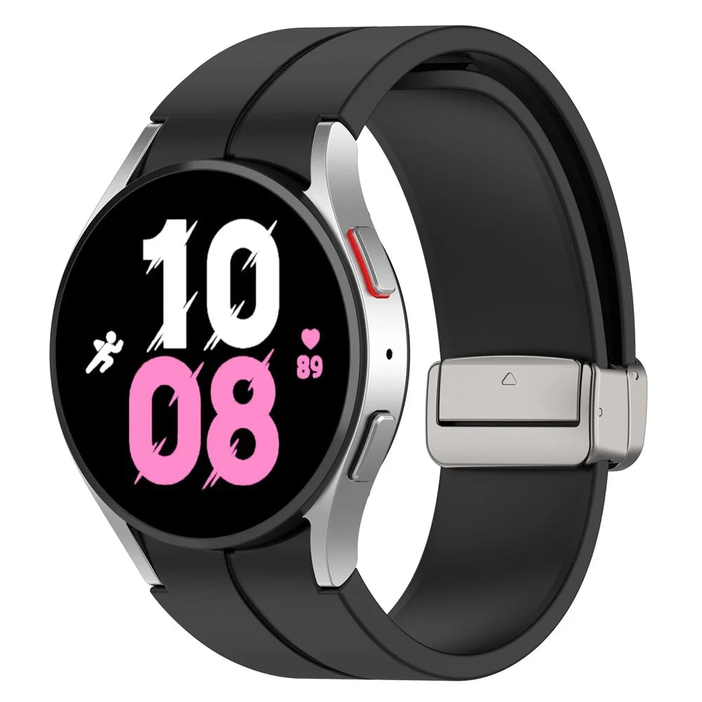 For Samsung Galaxy Watch7 40mm Magnetic Folding Silver Buckle Watch Band Silicone Strap - Black - 5