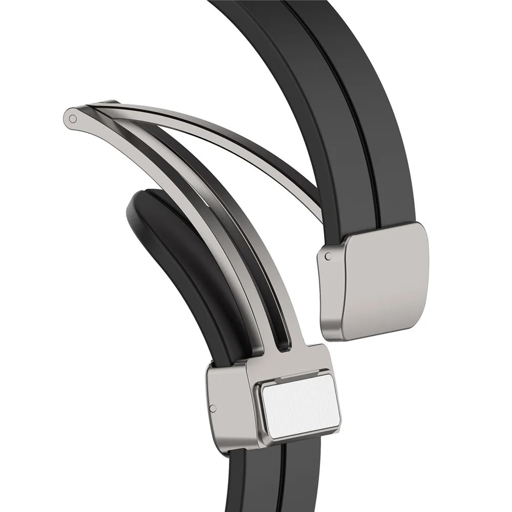 For Samsung Galaxy Watch7 40mm Magnetic Folding Silver Buckle Watch Band Silicone Strap - Black - 6