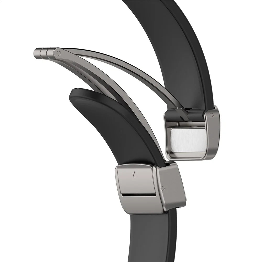 For Samsung Galaxy Watch7 40mm Magnetic Folding Silver Buckle Watch Band Silicone Strap - Black - 7