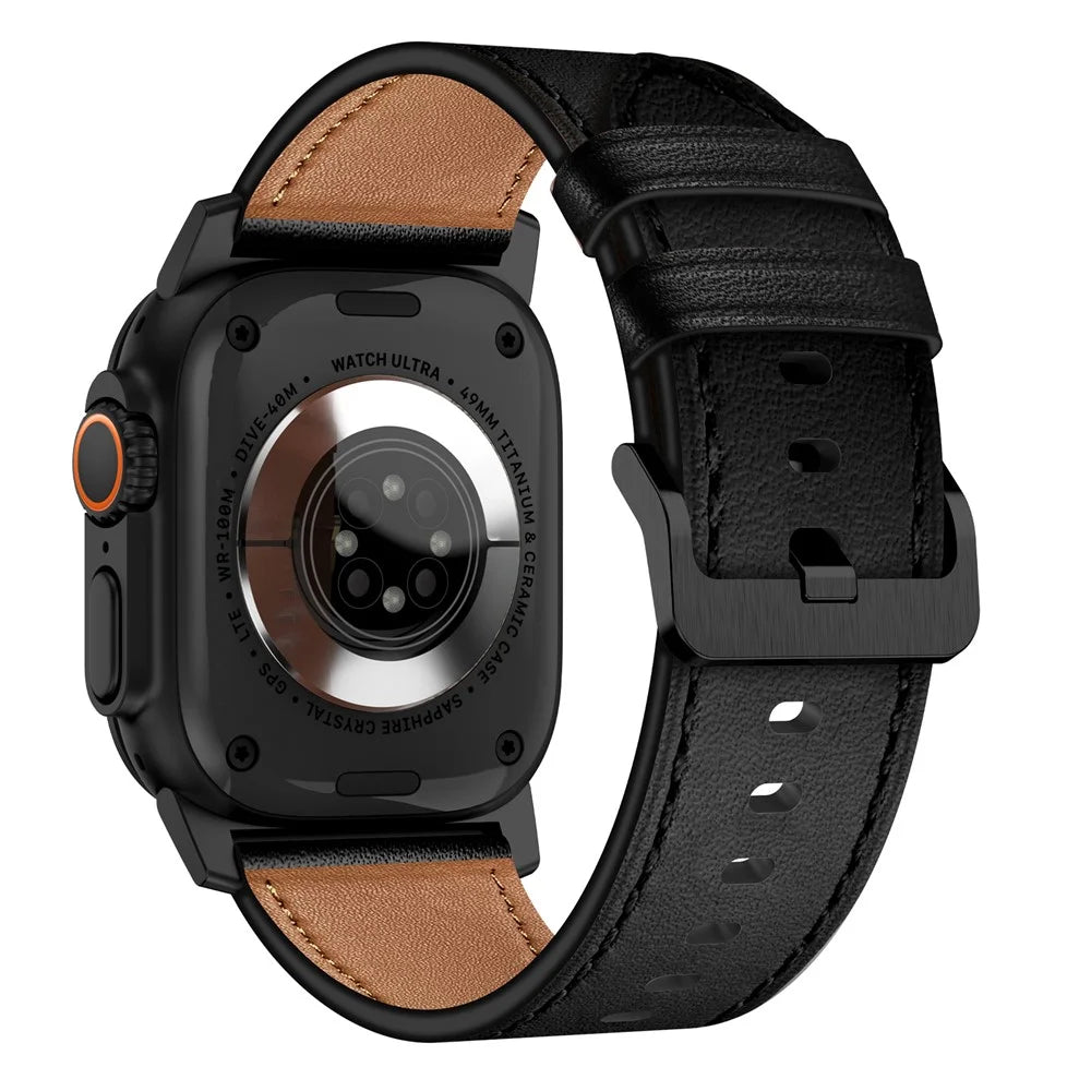 For Apple Watch Ultra 3 2 1 49mm / Series 11 10 46mm / 9 8 7 45mm / SE3 SE2 SE 6 5 4 44mm / 3 2 1 42mm Genuine Cow Leather Band - Black Connector+Black - 1