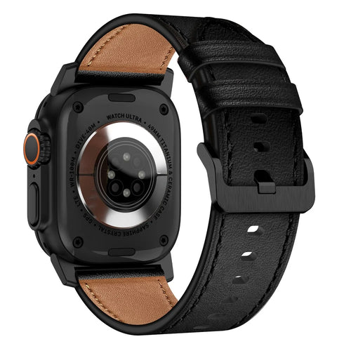 For Apple Watch Ultra 3 2 1 49mm / Series 11 10 46mm / 9 8 7 45mm / SE3 SE2 SE 6 5 4 44mm / 3 2 1 42mm Genuine Cow Leather Band - Black Connector+Black - 1