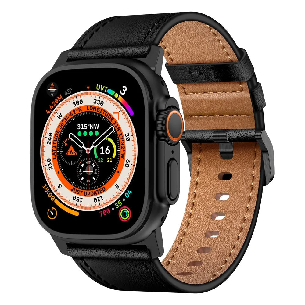 For Apple Watch Ultra 3 2 1 49mm / Series 11 10 46mm / 9 8 7 45mm / SE3 SE2 SE 6 5 4 44mm / 3 2 1 42mm Genuine Cow Leather Band - Black Connector+Black - 2