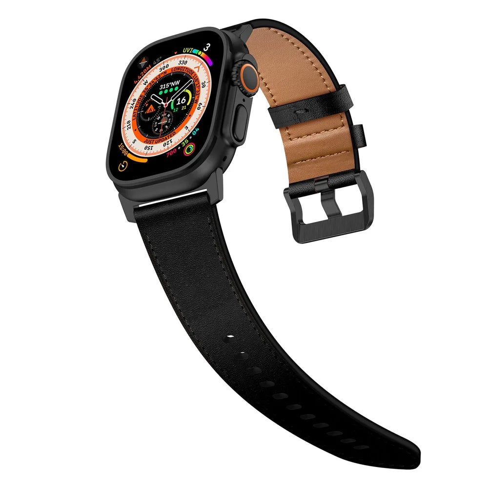 For Apple Watch Ultra 3 2 1 49mm / Series 11 10 46mm / 9 8 7 45mm / SE3 SE2 SE 6 5 4 44mm / 3 2 1 42mm Genuine Cow Leather Band - Black Connector+Black - 3