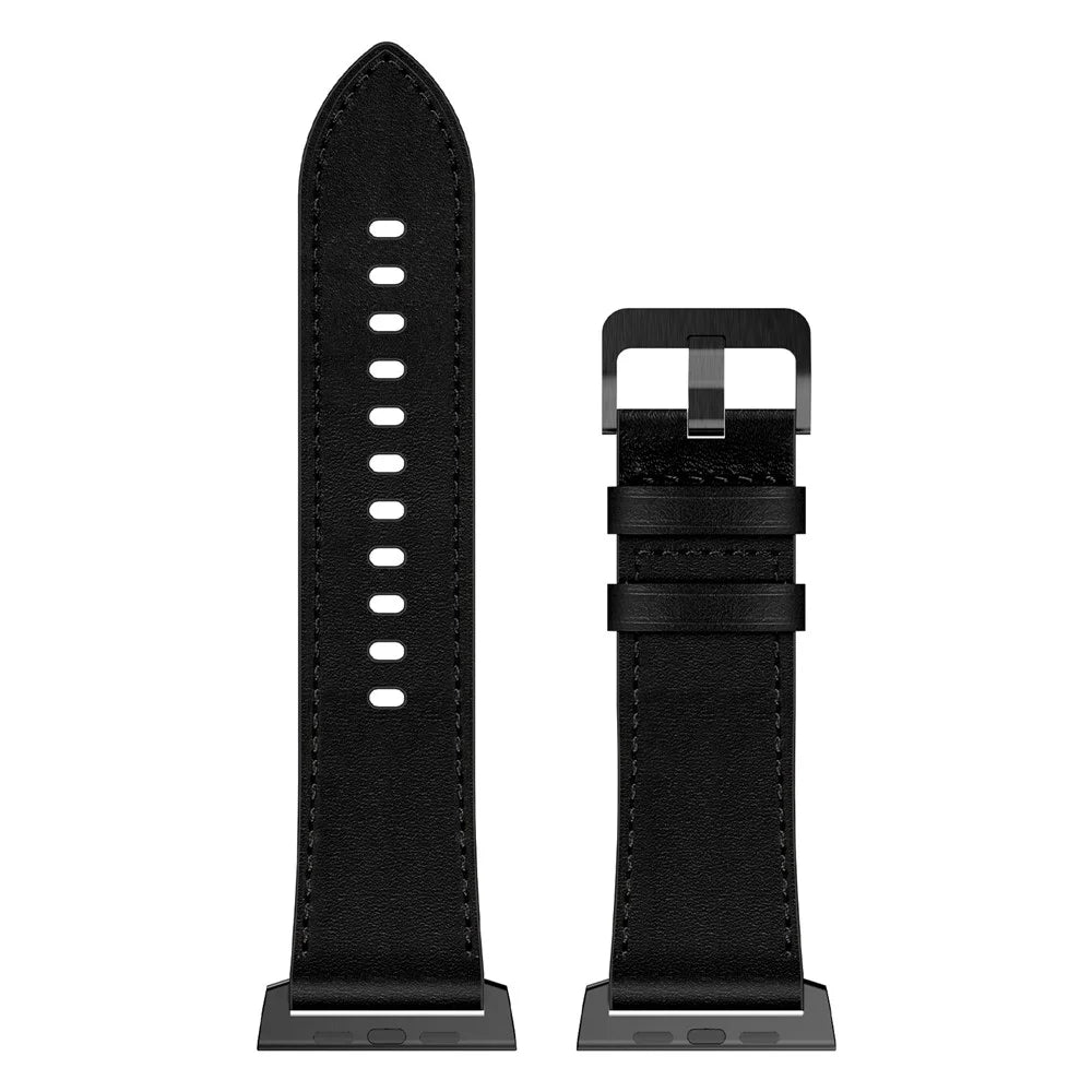 For Apple Watch Ultra 3 2 1 49mm / Series 11 10 46mm / 9 8 7 45mm / SE3 SE2 SE 6 5 4 44mm / 3 2 1 42mm Genuine Cow Leather Band - Black Connector+Black - 4