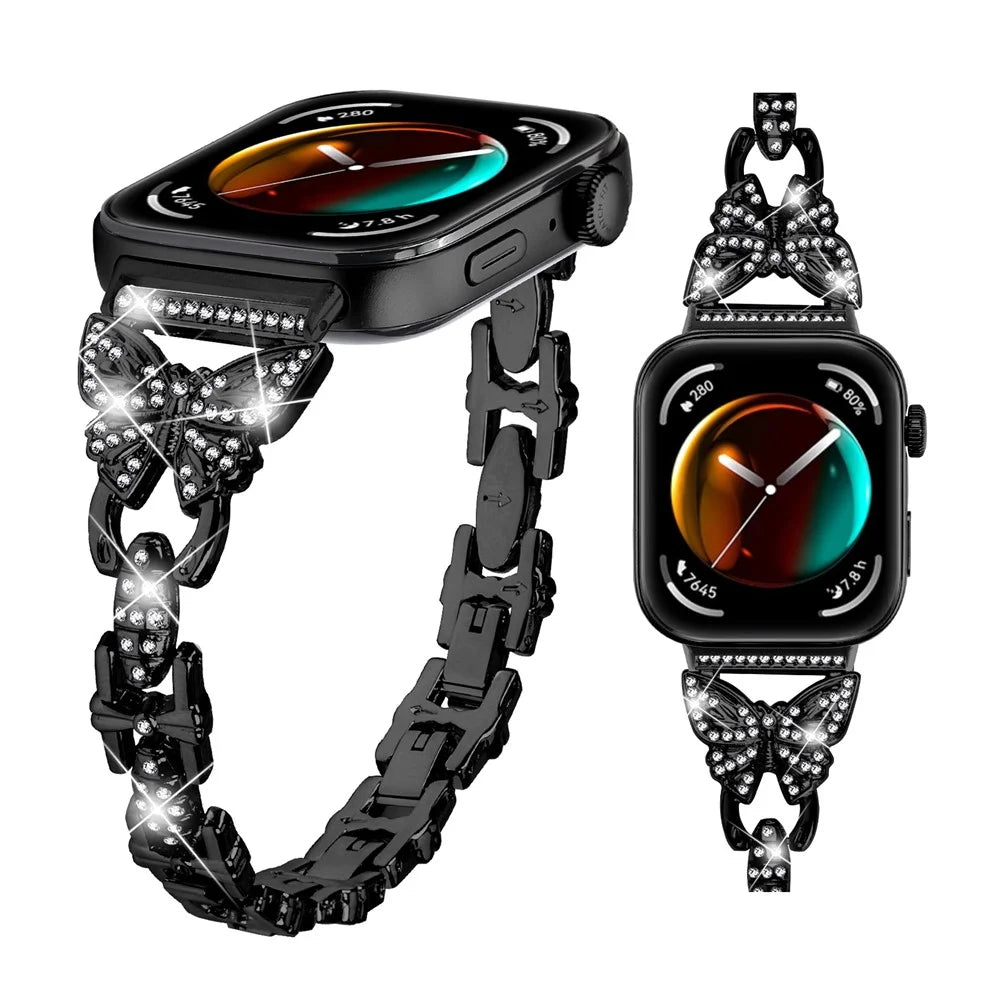 For Huawei Watch Fit 3 Rhinestone Decor Butterfly Design Watch Band Stainless Steel Wrist Strap - Black - 3