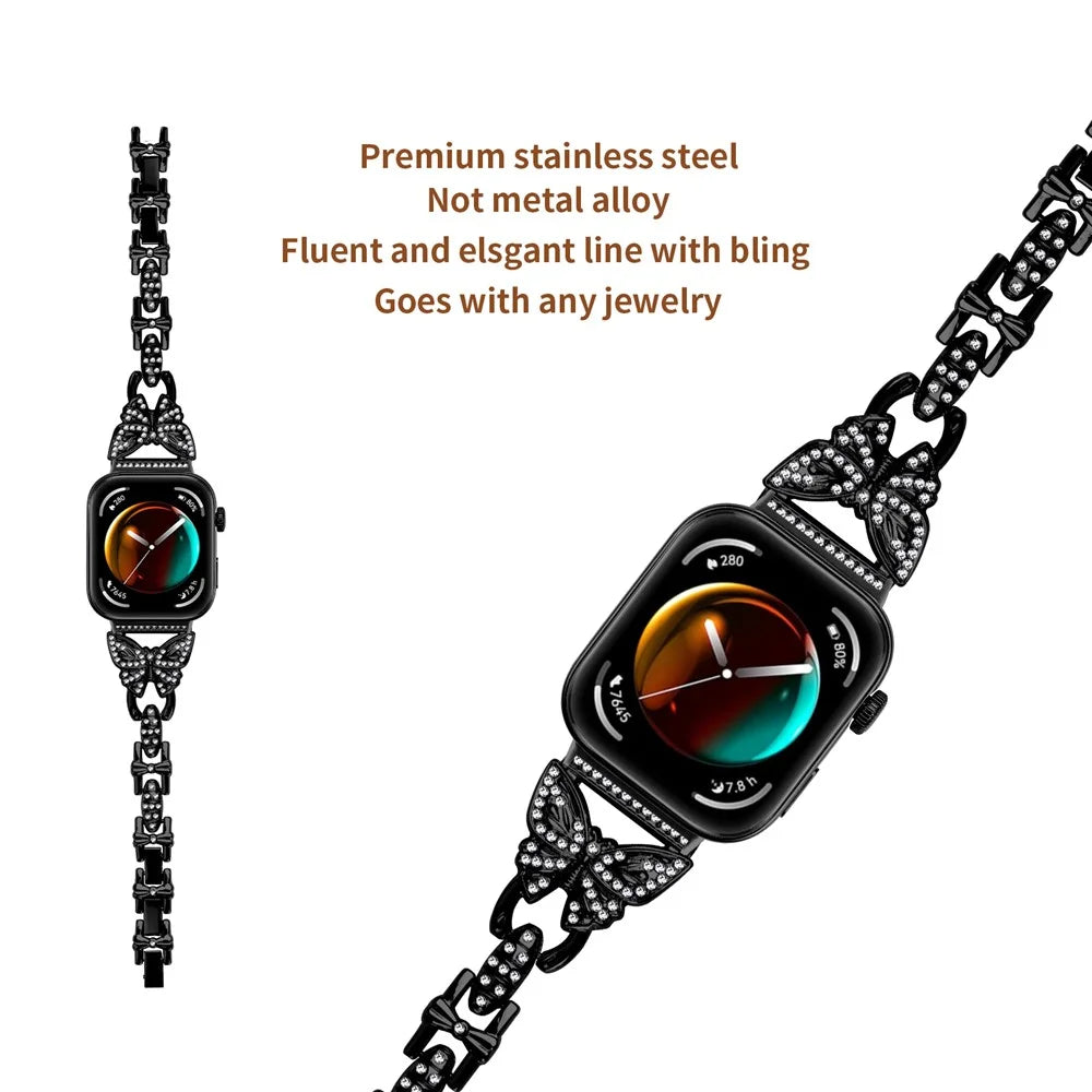 For Huawei Watch Fit 3 Rhinestone Decor Butterfly Design Watch Band Stainless Steel Wrist Strap - Black - 4