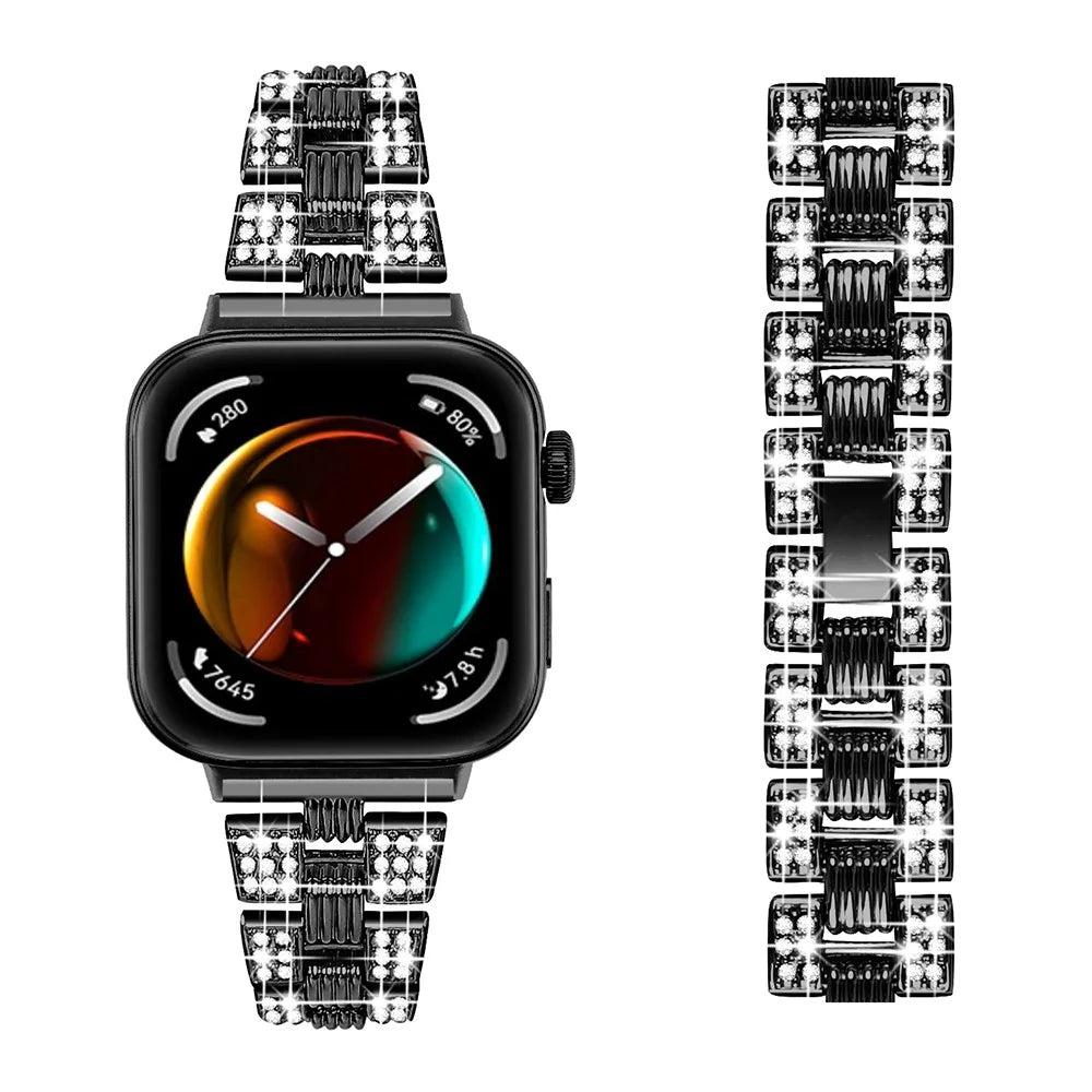For Huawei Watch Fit 3 Rhinestone Decor Thread Texture Smart Watch Band Metal Wrist Strap - Black - 2