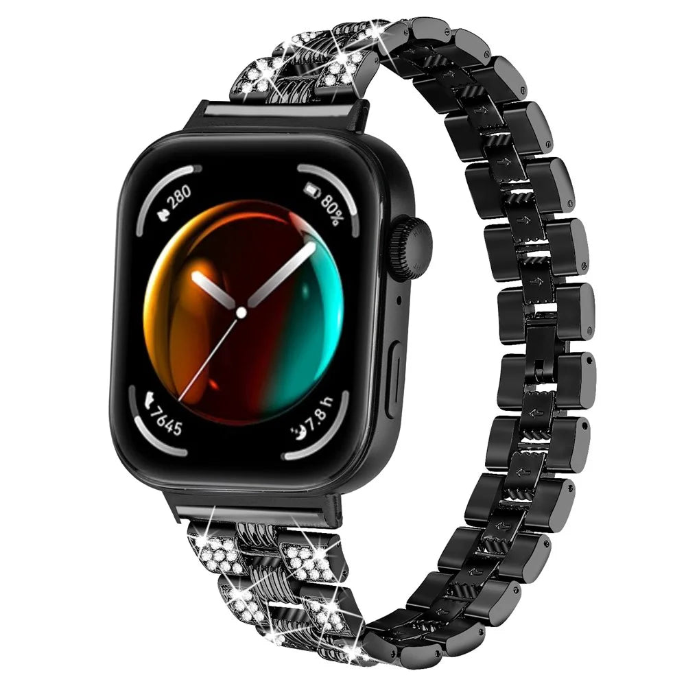For Huawei Watch Fit 3 Rhinestone Decor Thread Texture Smart Watch Band Metal Wrist Strap - Black - 3