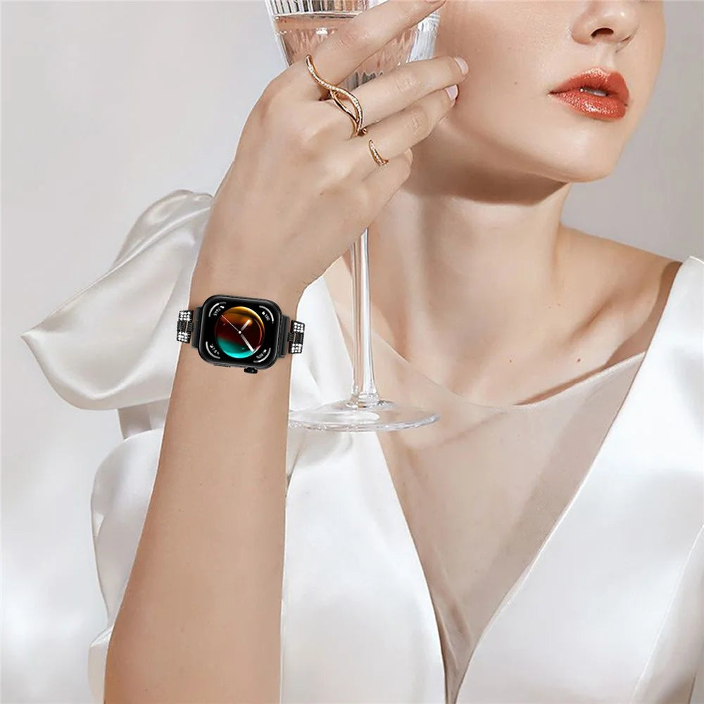 For Huawei Watch Fit 3 Rhinestone Decor Thread Texture Smart Watch Band Metal Wrist Strap - Black - 6