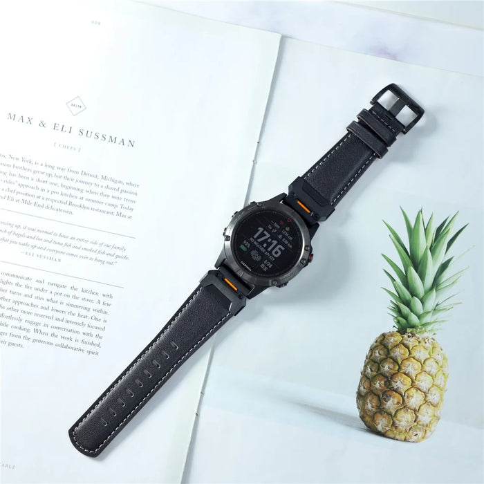 For Garmin Fenix 3 / 5 / 5X / 6X / 7X 22mm Universal Smart Watch Genuine Cow Leather Band Replacement Strap - Black+Nappa Texture - 5